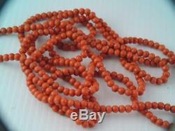 Antique Very Long 60'' Natural Deep Red Salmon Coral Bead Necklace 60'' Long