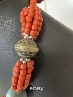 Antique Vibtage Tibet Tibetan Old Coral Turquoise Beads Chunky Silver Necklace
