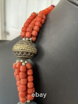 Antique Vibtage Tibet Tibetan Old Coral Turquoise Beads Chunky Silver Necklace