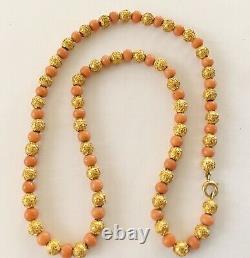 Antique Victorian 14k Etruscan And Coral Beads 15 1/2