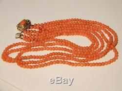 Antique Victorian 18K Gold Clasp Salmon Coral Beaded 3 Strand Necklace
