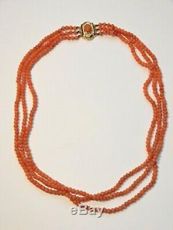 Antique Victorian 18K Gold Clasp Salmon Coral Beaded 3 Strand Necklace