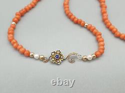 Antique Victorian 9ct Gold Seed Pearl Floral Pendant Coral Necklace 9K Reworked