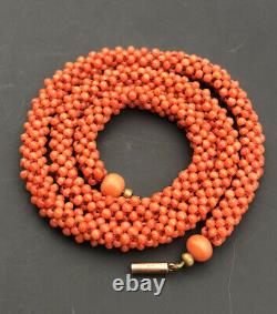 Antique Victorian 9k Gold & Natural Red Salmon Coral Bead Ball Twist Necklace