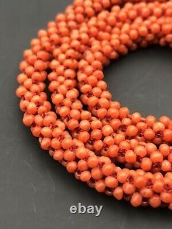 Antique Victorian 9k Gold & Natural Red Salmon Coral Bead Ball Twist Necklace