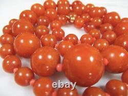 Antique Victorian Butterscotch Baltic Amber Round Bead Coral Necklace 36.3 Grams