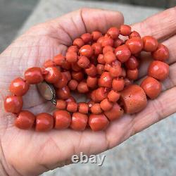 Antique Victorian/Edwardian Mediterranean Red Coral Faceted Beads Necklace 79 gr