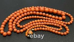 Antique Victorian Golden Clasp Natural Salmon Coral Graduated Bead Necklace
