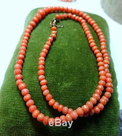 Antique Victorian Hand Carved Graduated Natural Coral Beads Necklace Gold Clasp