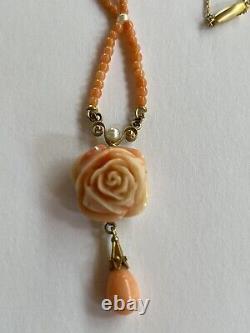 Antique Victorian Handcarved Coral 14 Kt Necklace Seed Pearls Teardrop Offers Ok