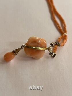 Antique Victorian Handcarved Coral 14 Kt Necklace Seed Pearls Teardrop Offers Ok
