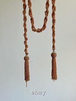 Antique Victorian Long Beaded Coral And Pearl Satoire Necklace Tassle Pretty