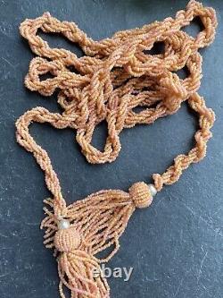 Antique Victorian Long Beaded Coral And Pearl Satoire Necklace Tassle Pretty