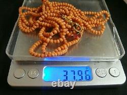 Antique Victorian Natural Coral 76 Ins Long Guard Chain Bead Necklace 38 Grams