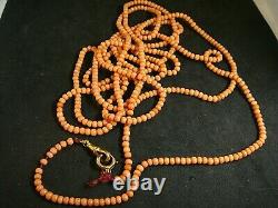 Antique Victorian Natural Coral 76 Ins Long Guard Chain Bead Necklace 38 Grams