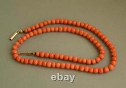 Antique Victorian Natural Mediterranean Coral Beads Necklace 14ct Gold Clasp 15g