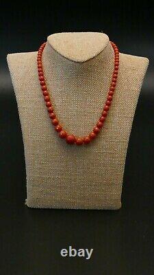 Antique Victorian Natural Mediterranean Red CORAL grad. Bead necklace 14 K gold