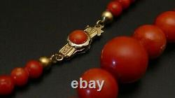Antique Victorian Natural Mediterranean Red CORAL grad. Bead necklace 14 K gold