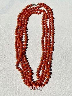 Antique Victorian Natural Orange Salmon Coral Beaded Necklace 78! 79 gr