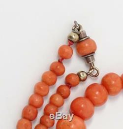 Antique Victorian Natural Salmon Coral Graduated Bead Sterling Necklace 15.7g