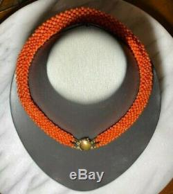 Antique Victorian Orange-Red Sciacca Coral Woven Bead Choker Necklace 15.5