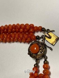 Antique Victorian Orange-Red Sciacca Coral Woven Bead Choker Necklace 15.5