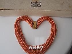 Antique Victorian Salmon Coral Beads 7 strands granduate carved beads 9ct clasp
