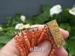 Antique Victorian Salmon Coral Beads 7 strands granduate carved beads 9ct clasp