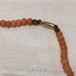 Antique Victorian Salmon Coral Graduated Strand Bead Necklace 10k Gold Clasp