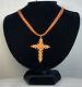 Antique Victorian Salmon Sciacca Coral Seed Pearl Cross 14k Rose Gold Necklace