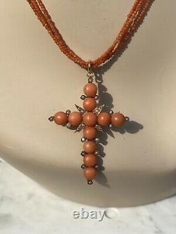 Antique Victorian Salmon Sciacca Coral Seed Pearl Cross 14K Rose Gold Necklace