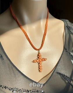 Antique Victorian Salmon Sciacca Coral Seed Pearl Cross 14K Rose Gold Necklace