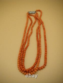 Antique Victorian Three Row Natural Coral Bead Necklace