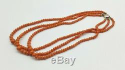 Antique Victorian Three Strand Graduated Coral Bead Necklace Gold Clasp. 34.5 gs
