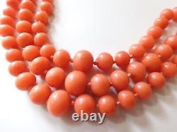 Antique Victorian Three Strand Salmon Coral Necklace 18 Inches 57.5 Grams