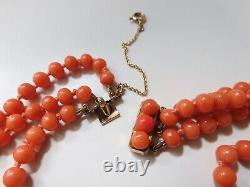 Antique Victorian Three Strand Salmon Coral Necklace 18 Inches 57.5 Grams