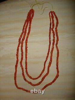 Antique Victorian Untreated Bead Salmon Natural Coral 3 Strands Necklace