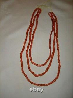 Antique Victorian Untreated Bead Salmon Natural Coral 3 Strands Necklace
