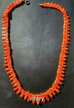 Antique Vintage Art Deco Carved Undyed Red Coral Bead Necklace