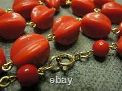 Antique Vintage Art Deco Czech Bohemian Melon Red Coral Glass Bead Necklace Rare