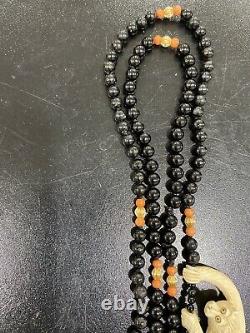 Antique Vintage Chinese 14k 585 Gold Coral Onyx Beaded Necklace Carved Monkey