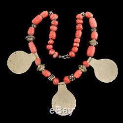 Antique Vintage Deco Sterling 60 Silver Moroccan Red Coral Bead Pendant Necklace
