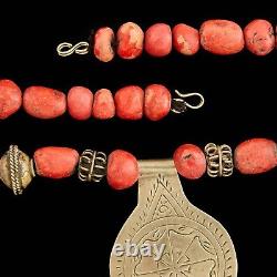 Antique Vintage Deco Sterling 60 Silver Moroccan Red Coral Bead Pendant Necklace