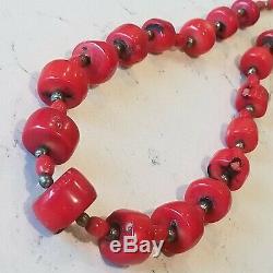 Antique Vintage HUGE Natural Red Coral Beads Sterling Silver 925 Necklace Strand