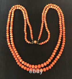 Antique Vintage Mediterranean 2 Strand Graduated Beads Salmon Coral Necklace 21