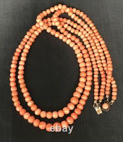 Antique Vintage Mediterranean 2 Strand Graduated Beads Salmon Coral Necklace 21