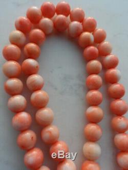 Antique Vintage Natural Superb Carved Salmon Pink Coral Round Beads Necklace 18