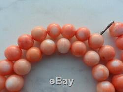 Antique Vintage Natural Superb Carved Salmon Pink Coral Round Beads Necklace 18