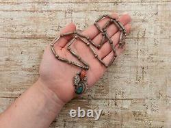 Antique Vintage Sterling Silver Native Navajo Turquoise Coral Bead Necklace 20g