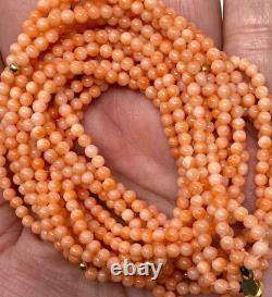 Antique Vintage Stunning CORAL Seed Bead multi strand NECKLACE 14K GOLD ACCENTS